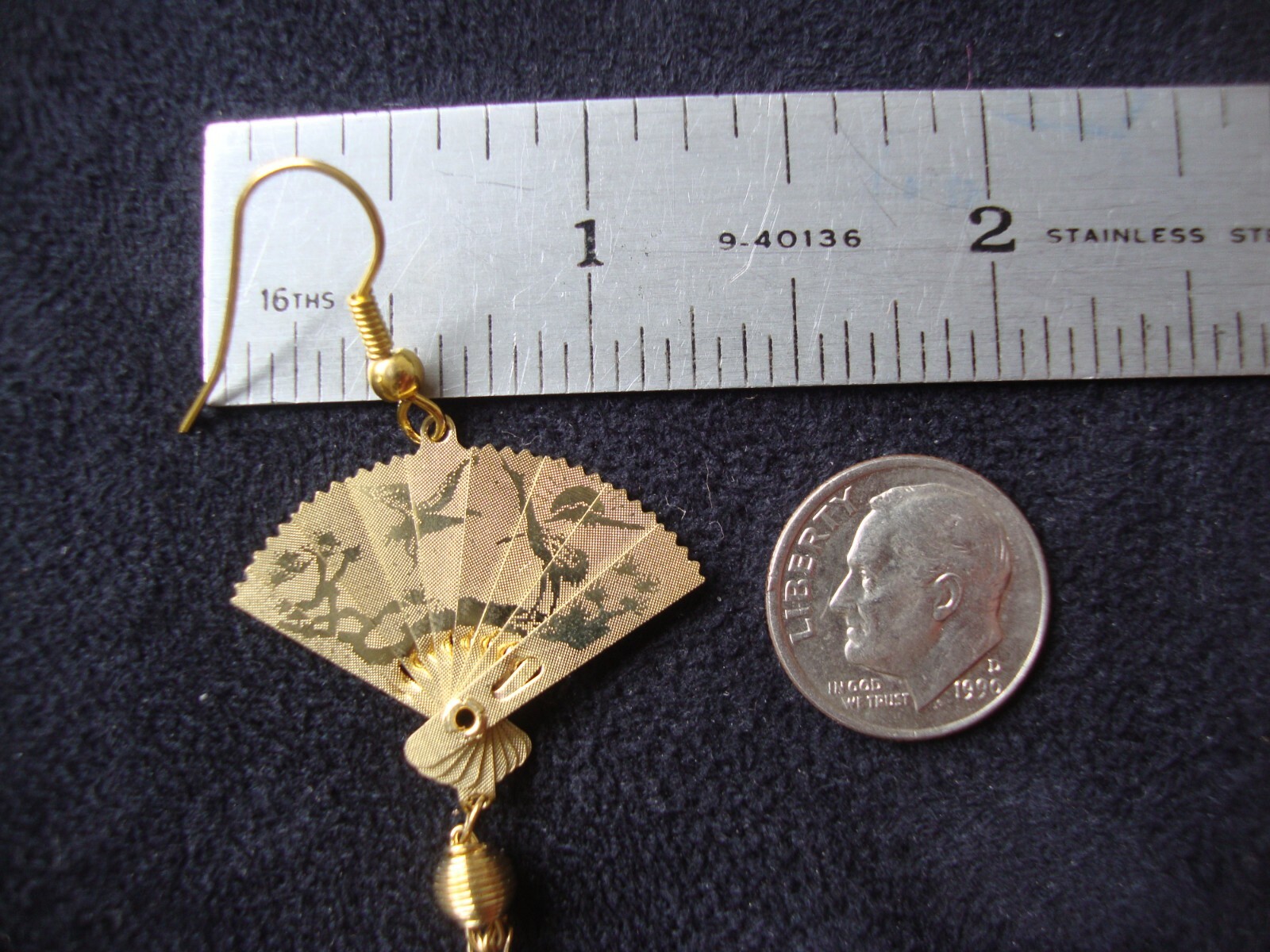 Vintage 1970s Enchanting Chinese Phoenix & Crane Etched Folding Fan Hook Earring