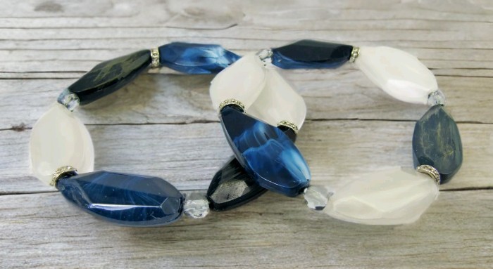 Denim Blue and White Bead Stretch Bracelet Set of Two, multi color bracelet NEW