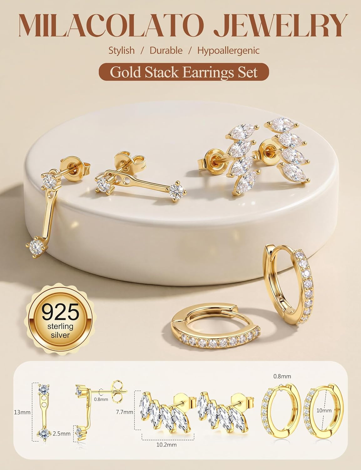 3 Pairs 925 Sterling Silver Earrings for Women, 14K Gold Plated Small Huggie Hoo