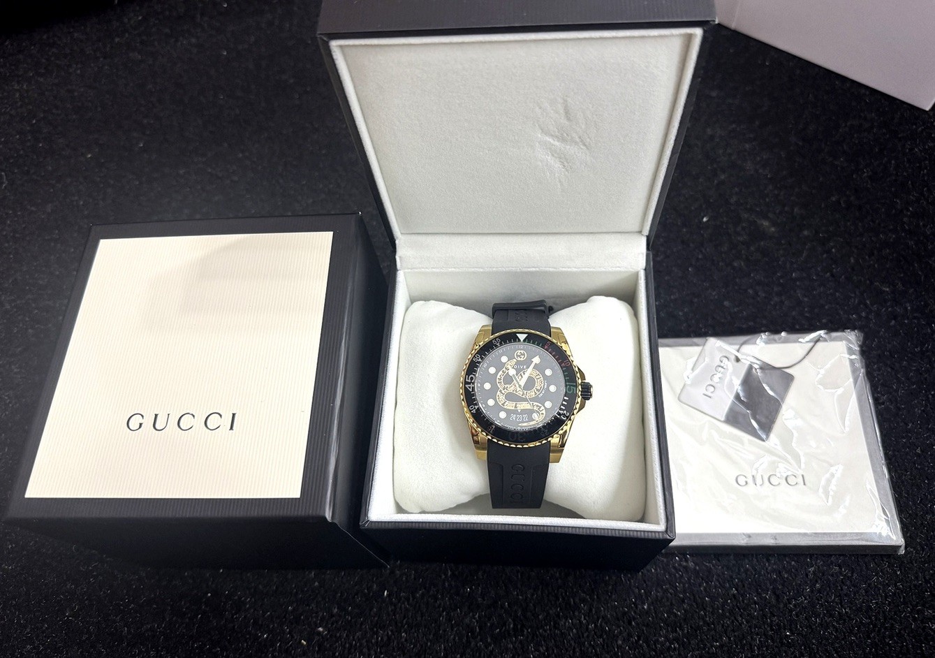 Gucci Dive Timeless Watch YA136219 – 45mm Gold PVD Kingsnake Dial