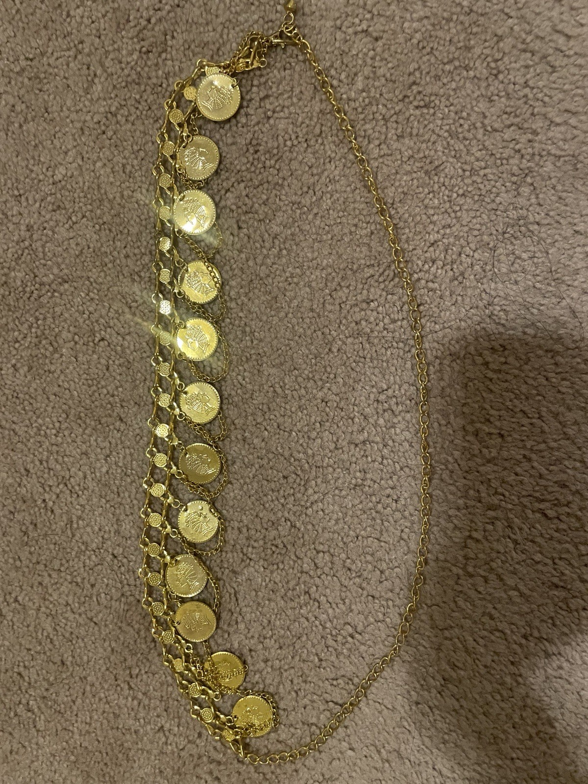 Gold Tone Cable Chain Necklace, Adjustable Round Coin Charm Pendant, No Stone
