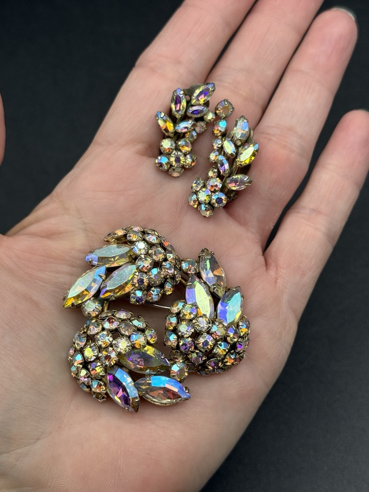 Vintage SHERMAN Signed Aurora Borealis Brooch and Earring Set BEAUTIFUL!