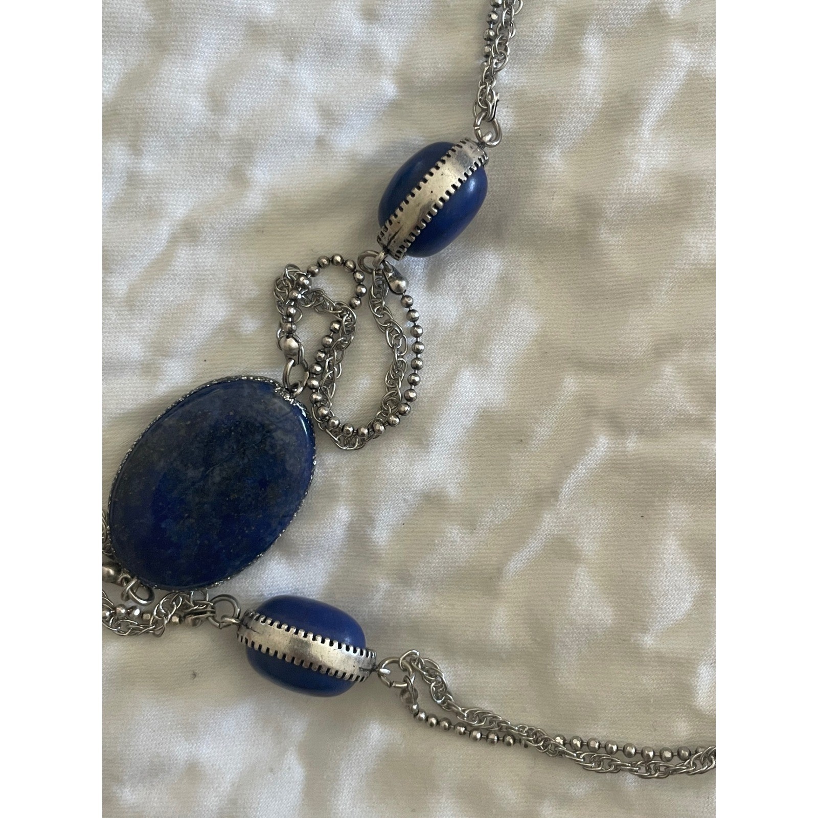 Chico’s Blue Accent Long Single Strand Necklace Sodalite Stone Silvertone 38″