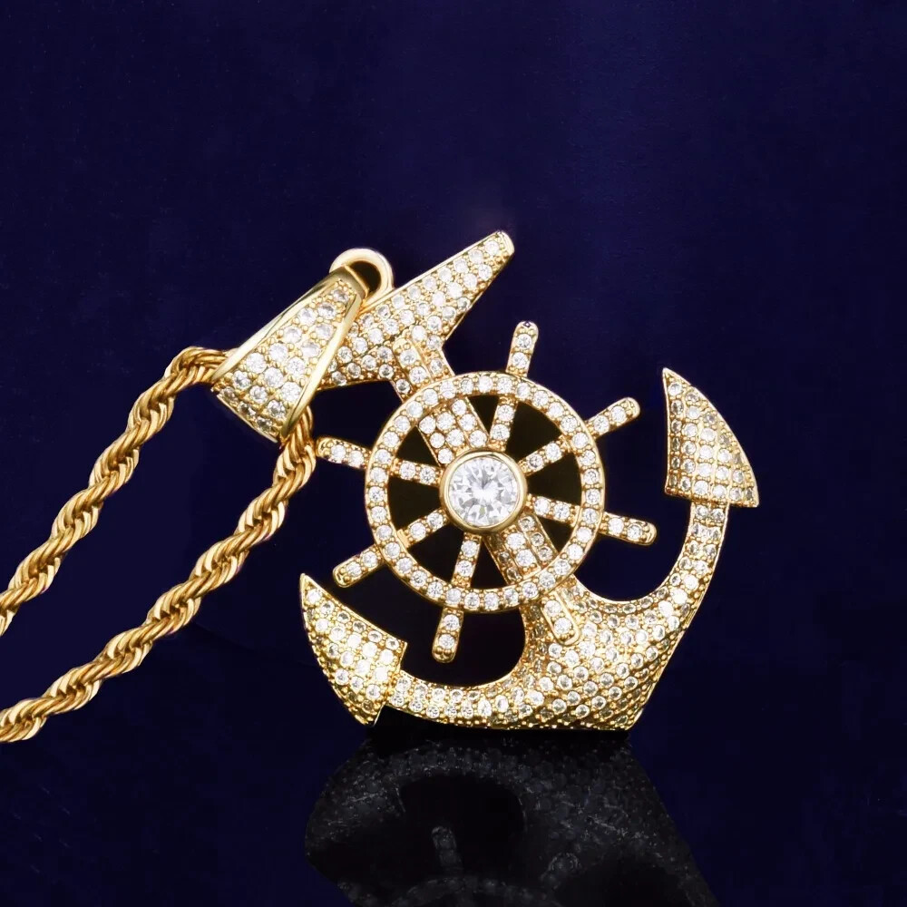2 Ct Round Natural Moissanite ANCHOR AND RUDDER Pendant 14K Yellow Gold Plated