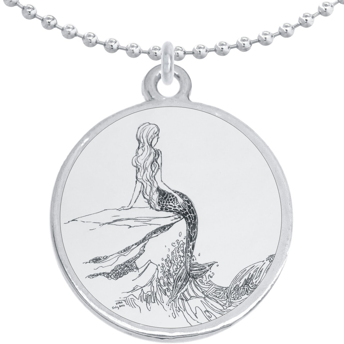Outline Drawing Mermaid Round Pendant Necklace Beautiful Fashion Jewelry