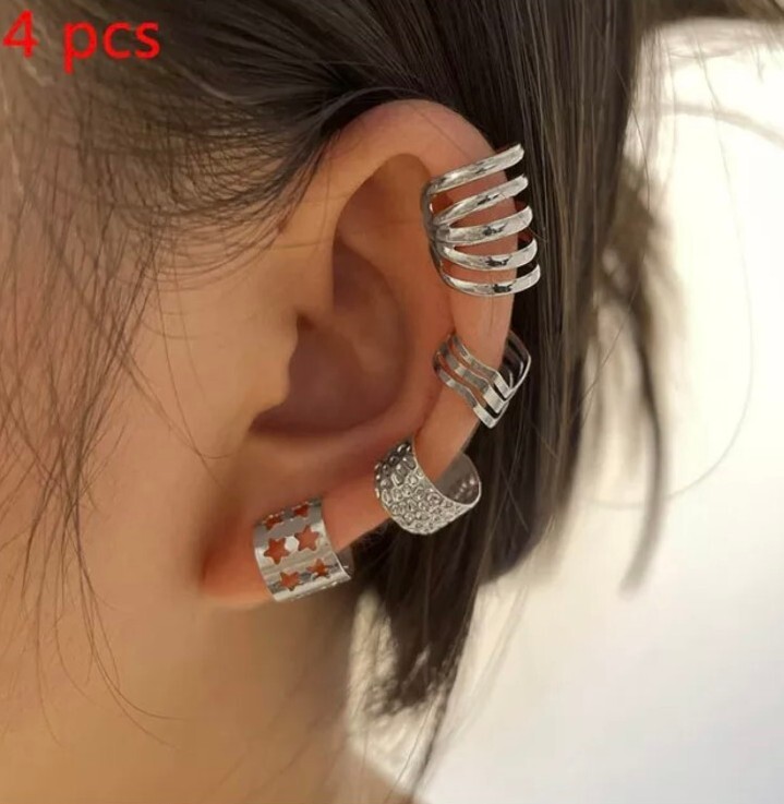 New 4pc Gold Silver Color Metal Ear Cuff Non-Piercing Ear Clips Earrings Jewelry