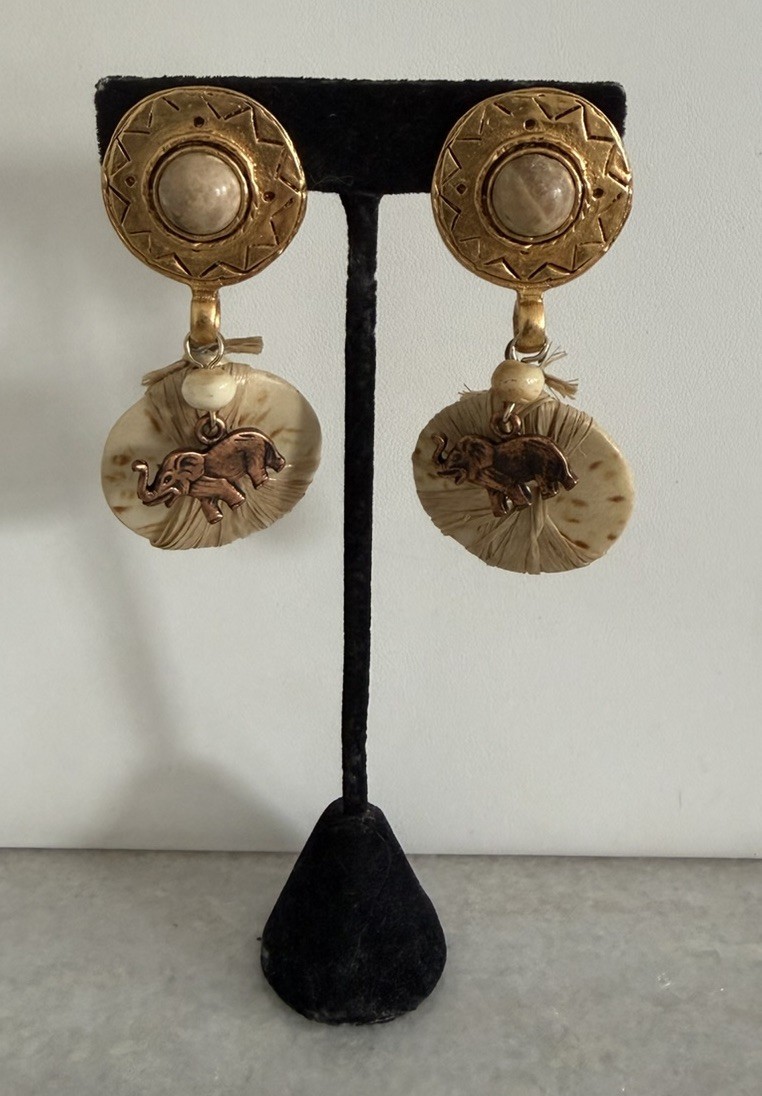 Vintage Robert Rose Tribal Like Elephant Dangling Clip On Earrings