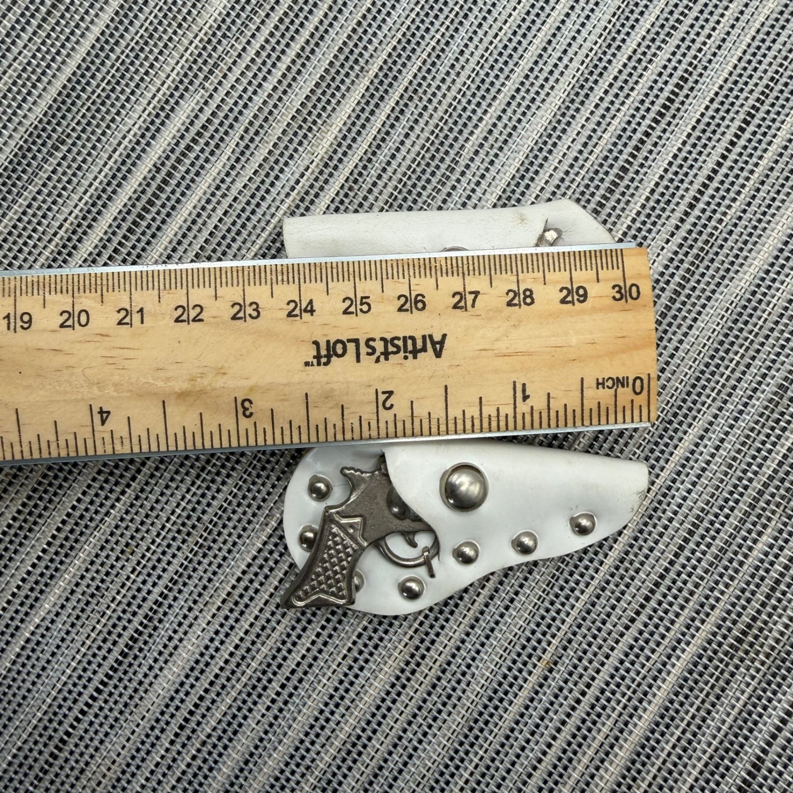 Vintage 50s Metal 6 Shooter Gun Diaper Clip Brooch White Studded Holster Set 2pc