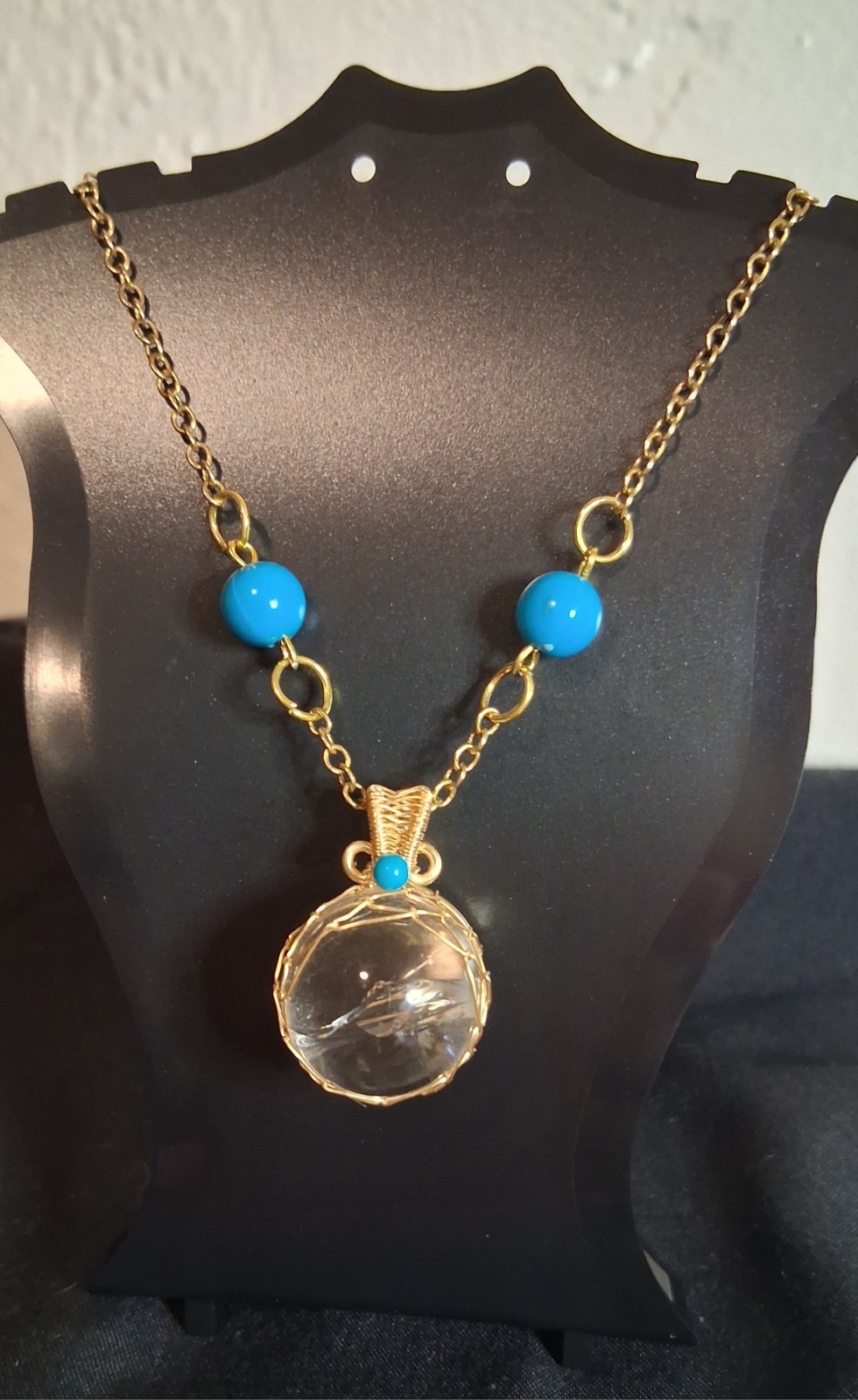Golden Cable Chain Necklace Blue acrylic Beads Round Pendant Wire Wrapped.