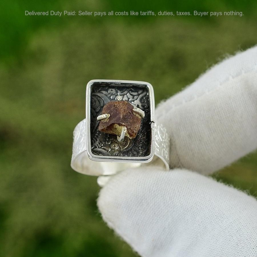 925 Sterling Silver Pentagon Smoky Quartz Rough Stone Statement New Ring Jewelry