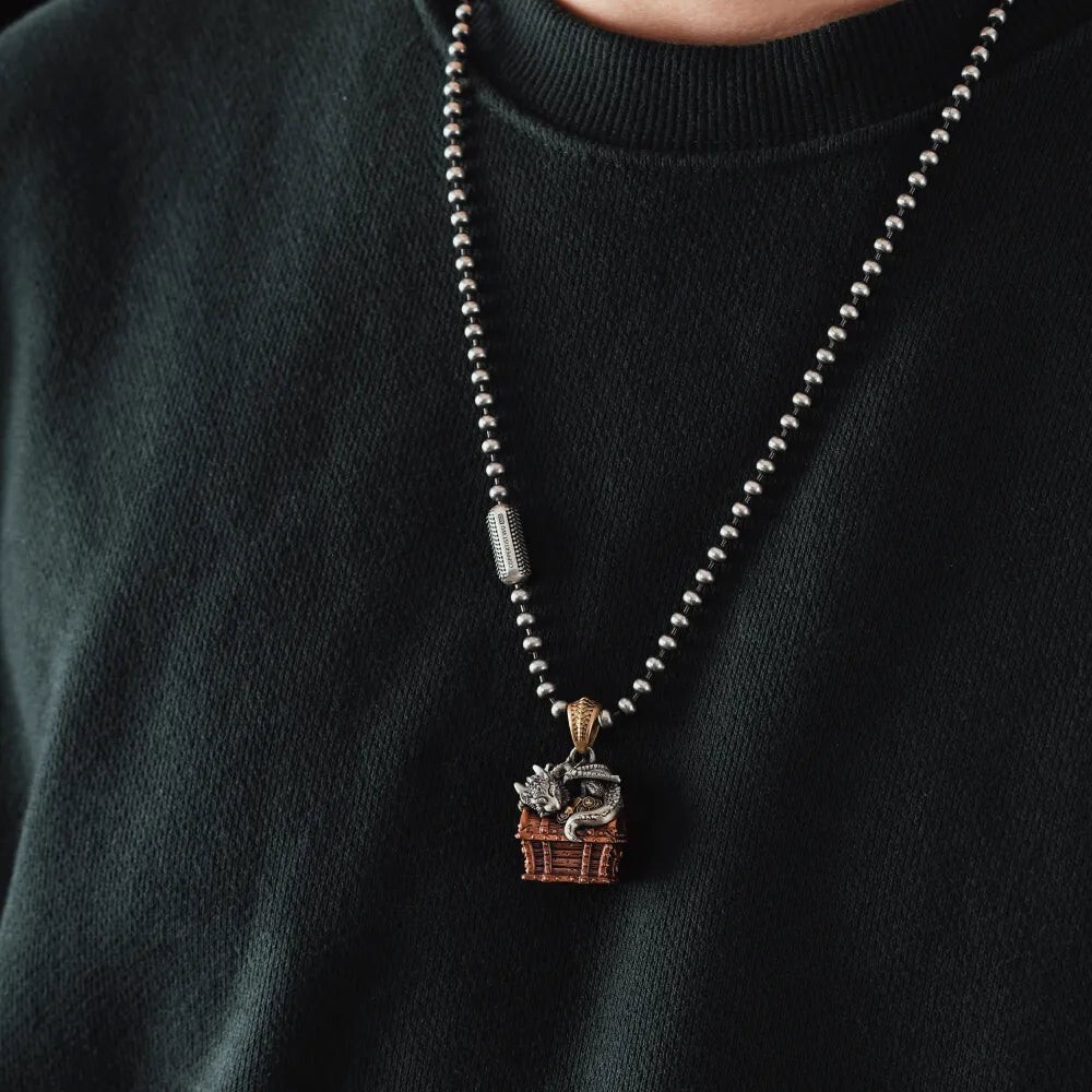 Dragon Treasure Chest Pendant Necklace Keepsakes Jewelry Gift for Men Women