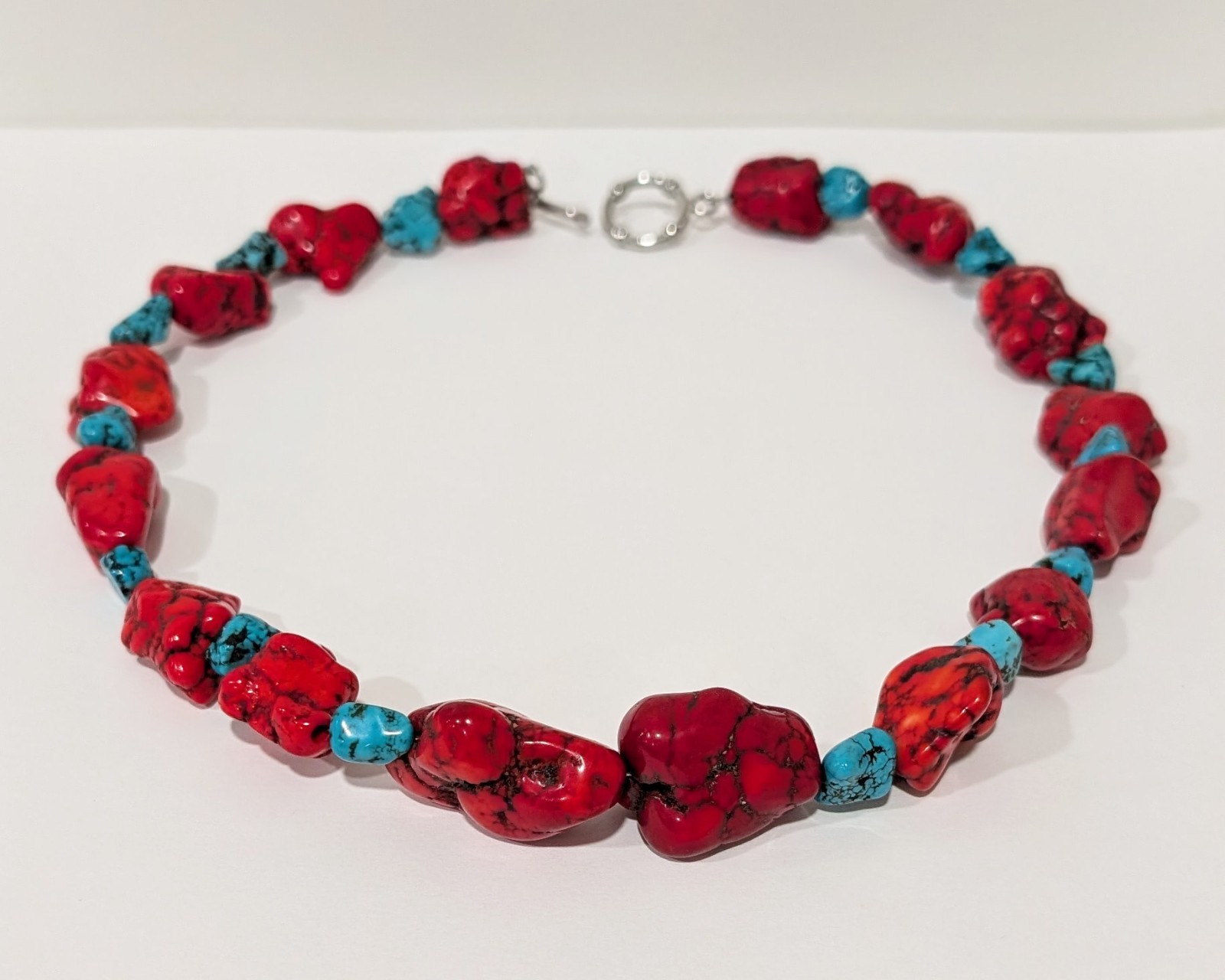 Chunky Necklace with Vivid Red and Blue Dyed Howlite Nuggets 18.5 in.