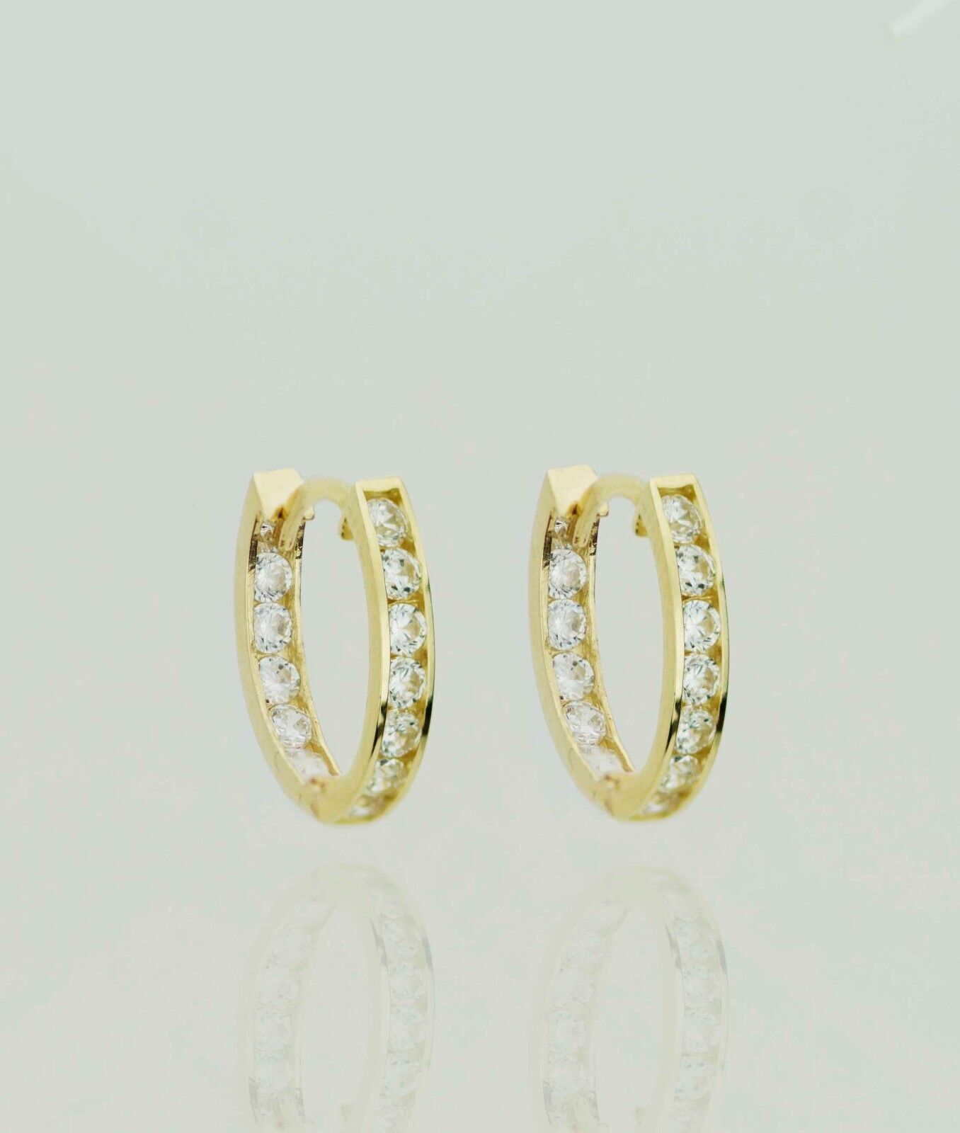 14k Yellow and White Gold Oval CZ Huggie Hoop Earrings