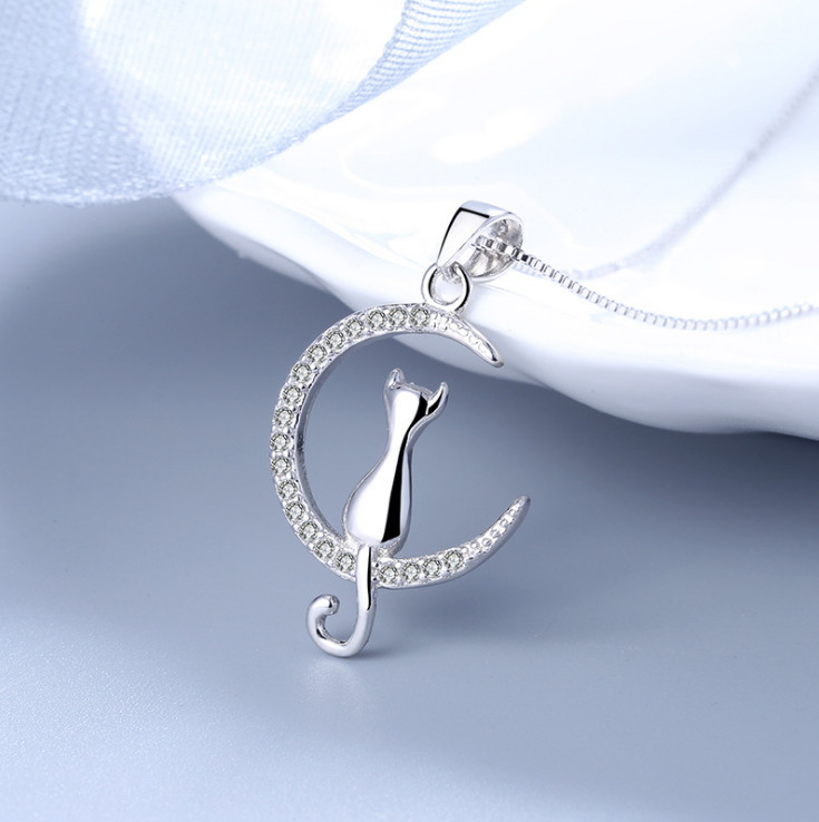 925 Sterling silver CZ Crescent Moon Cat pendant necklace 18″ Chain Gift PE54