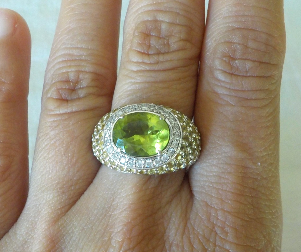Heavy 18K White Gold Peridot Sapphire Diamond Ring – 12.6 gms, Sz 5.75, 4.90 ctw