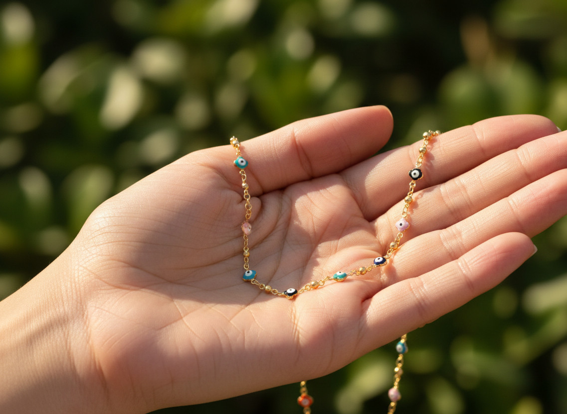 Dainty Gold Plated Anklet Multi-Color Evil Eye Charm Bead Chain Design For Women