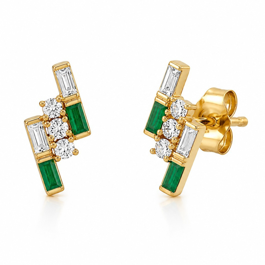 Baguette Emerald &Diamond Half Bezel Stud Earrings Solid 14K Yellow Gold Jewelry