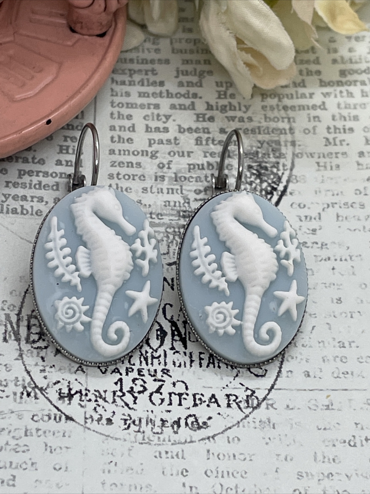 Seahorse Blue Silver Wedding Gift Anniversary Earrings Cameo Birthday Sea Life
