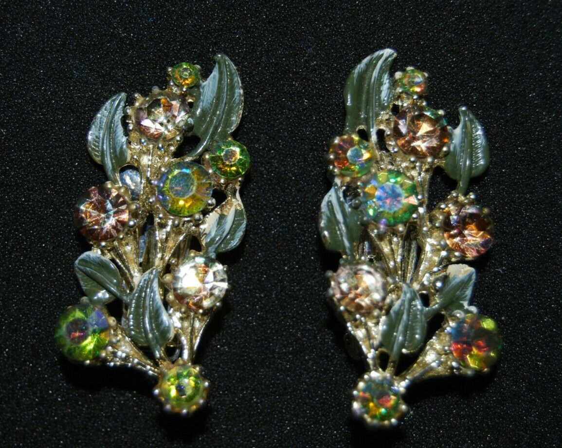 Elegant Vtg MCM Couture Enamel & Crystals Rhinestones Ear Climbers Clip Earrings