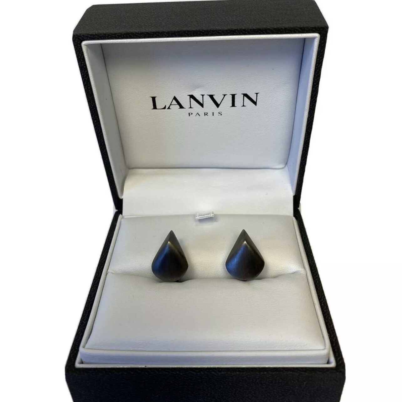 LANVIN PARIS Mens Ruthenium Plated Oval Teardrop Metal Cufflinks Gray $280