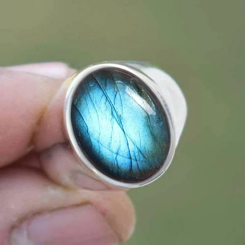 Solid 925 Sterling Silver AA Natural Blue Labradorite Oval Men’s Unisex Ring