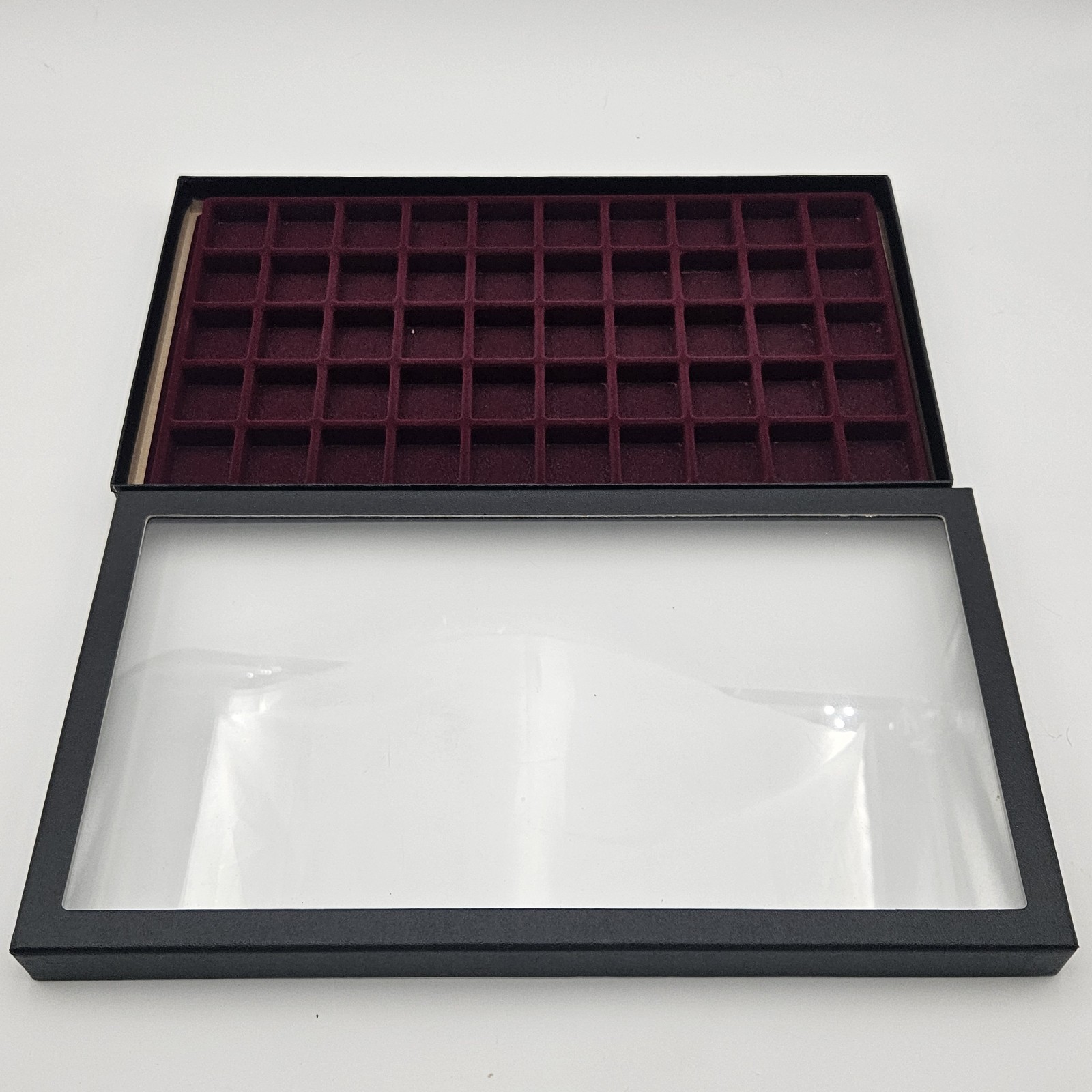 NOS Jewelry Tray Cube Display 50 Slot 14.5″ x 8″ x 1″ Flocked Burgundy Glass Top