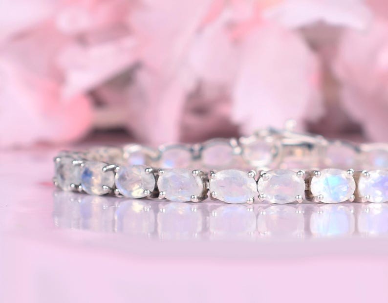 925 Sterling Silver Natural rainbow Moonstone tennis Bracelet Love Gift sb-1