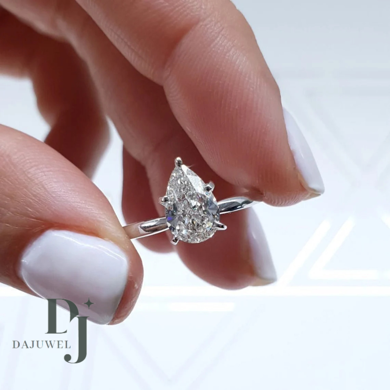 Moissanite Solitaire Engagement Ring 2 Carat Pear Cut VVS1 Solid 14K White Gold