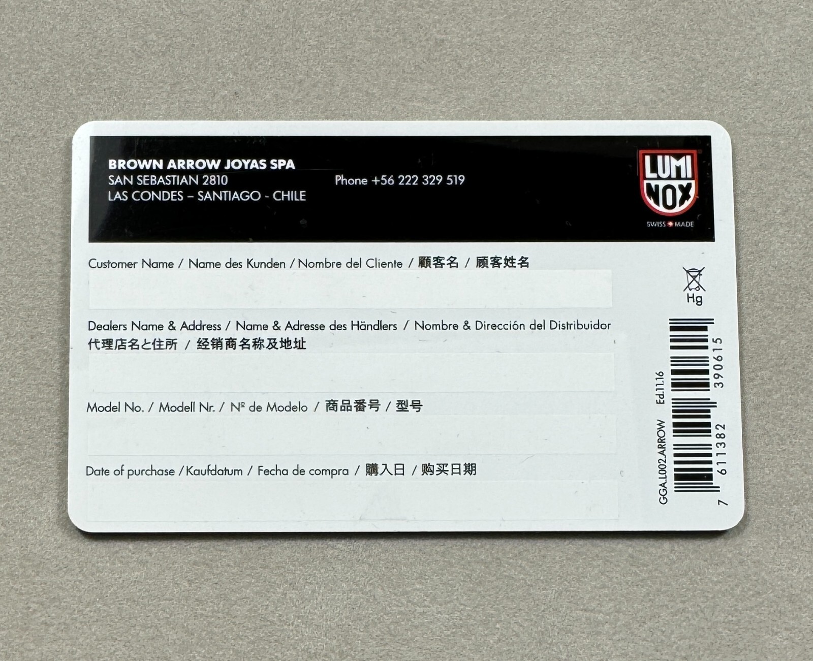 LUMINOX Watch International Warranty Card For Collectors (no booklet)
