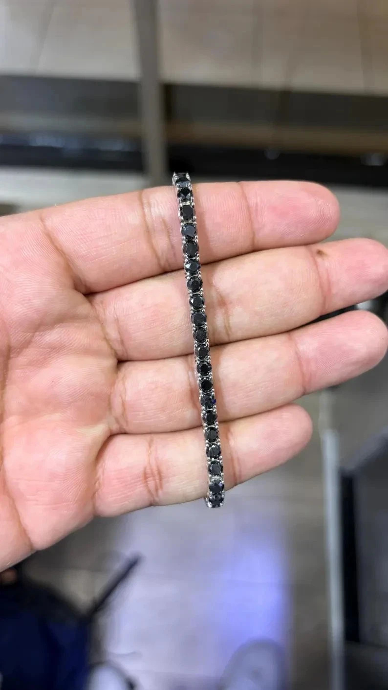 3.75 CT Round Cut Natural Black Diamond Tennis Bracelet In 925 Sterling Silver