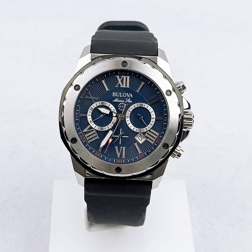 Bulova 98B258 Men’s Marine Star Quartz Blue Dial Black Rubber Strap Watch 44mm