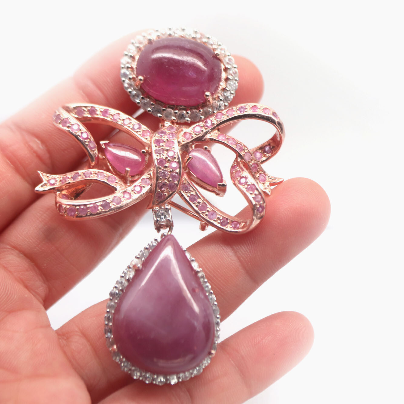 Gmestone 21 x 28 mm. Pink Ruby, Sapphire & Zircon Brooch 925 Silver Sterling