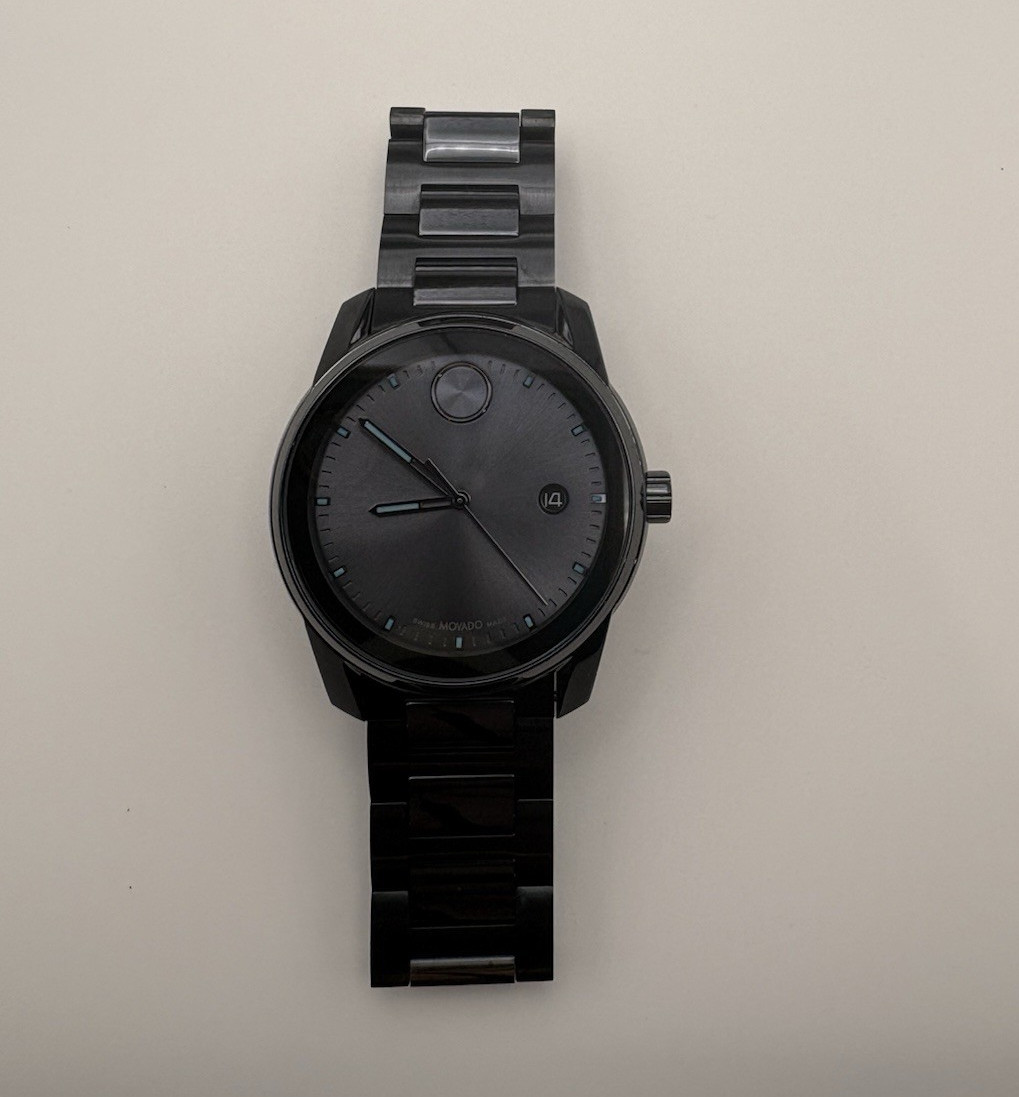 Movado Bold 44mm Black Dial Black SS Bracelet Quartz Date 30m Box Papers