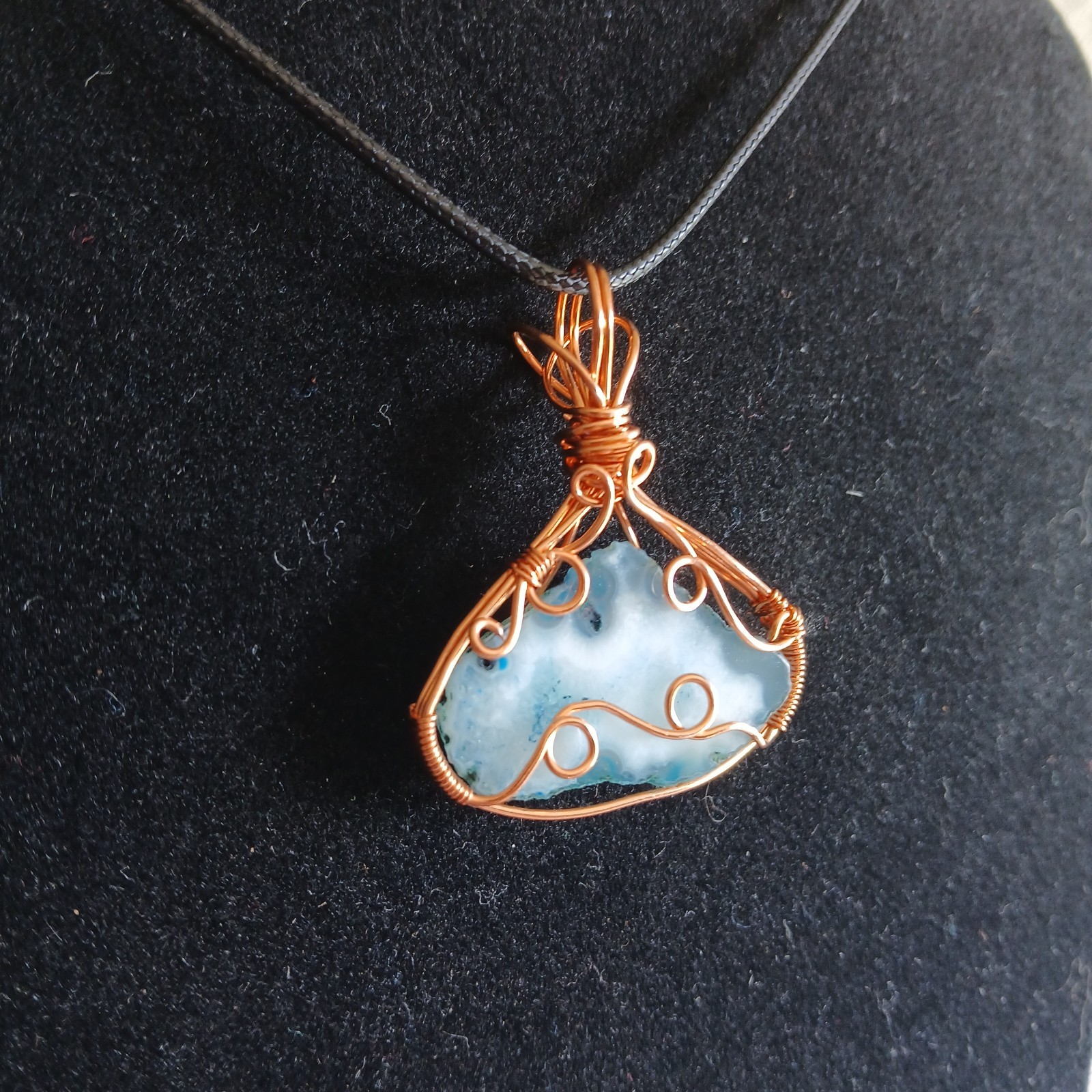 Copper wire wrapped teal blue agate slice pendant with black cord necklace…