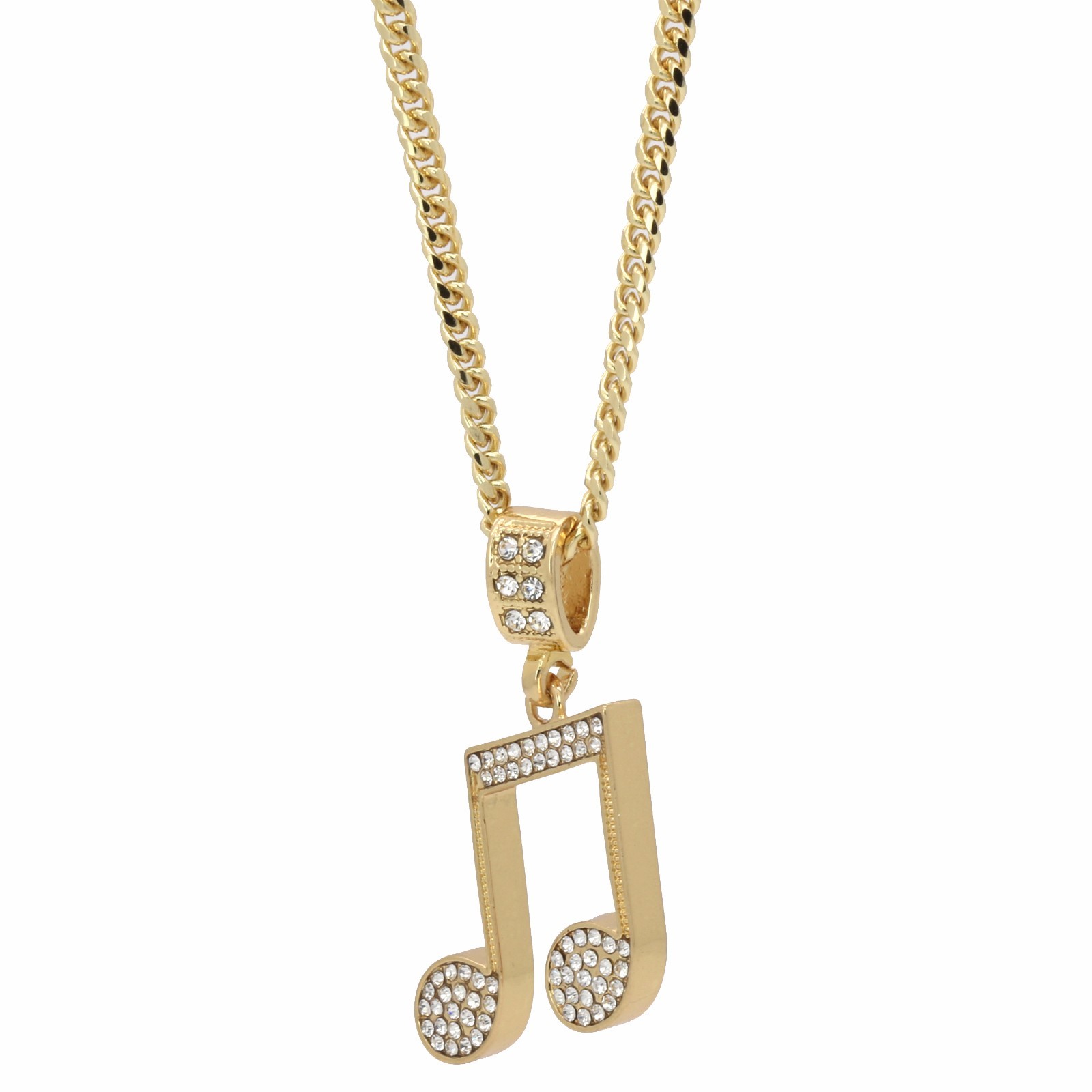14k Gold Plated Music Note Pendant Iced Cubic Zirconia 24″ Cuban Necklace Chain