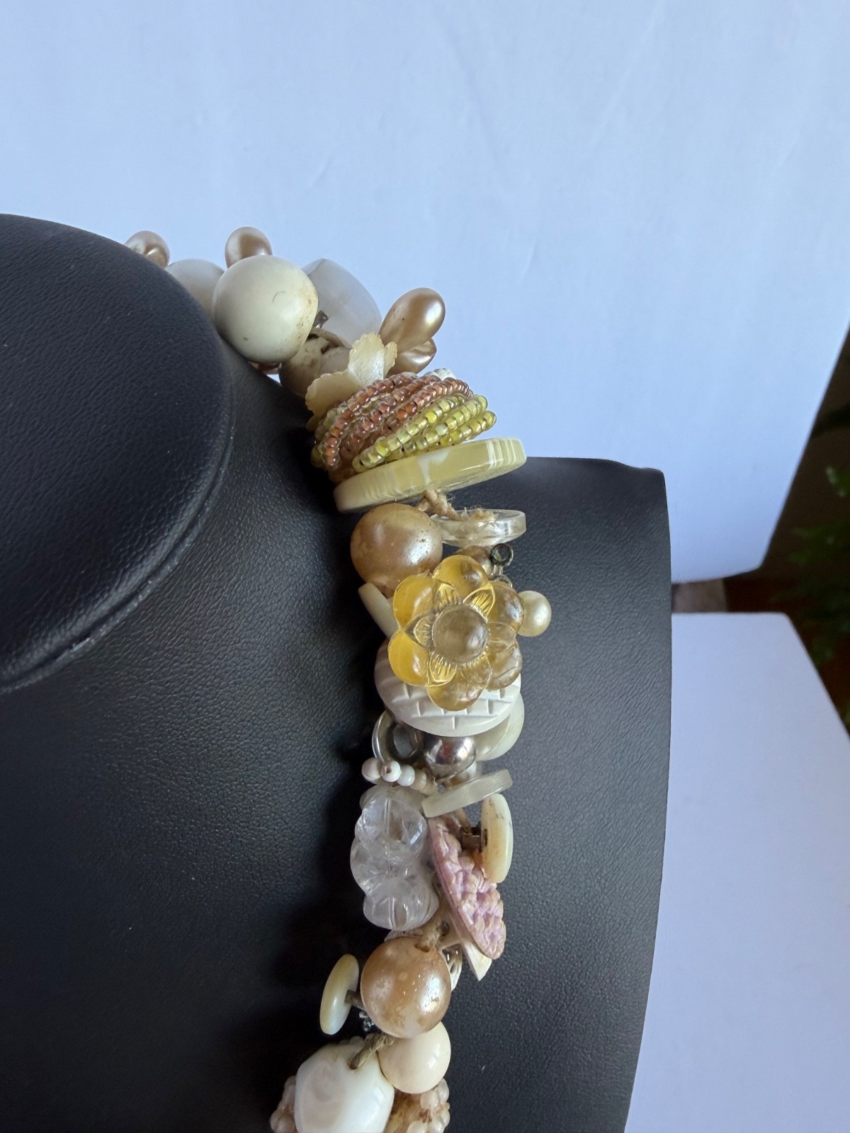 Vintage Necklace Adorned with Buttons, Beads, Buckles & Other Vintage Elements