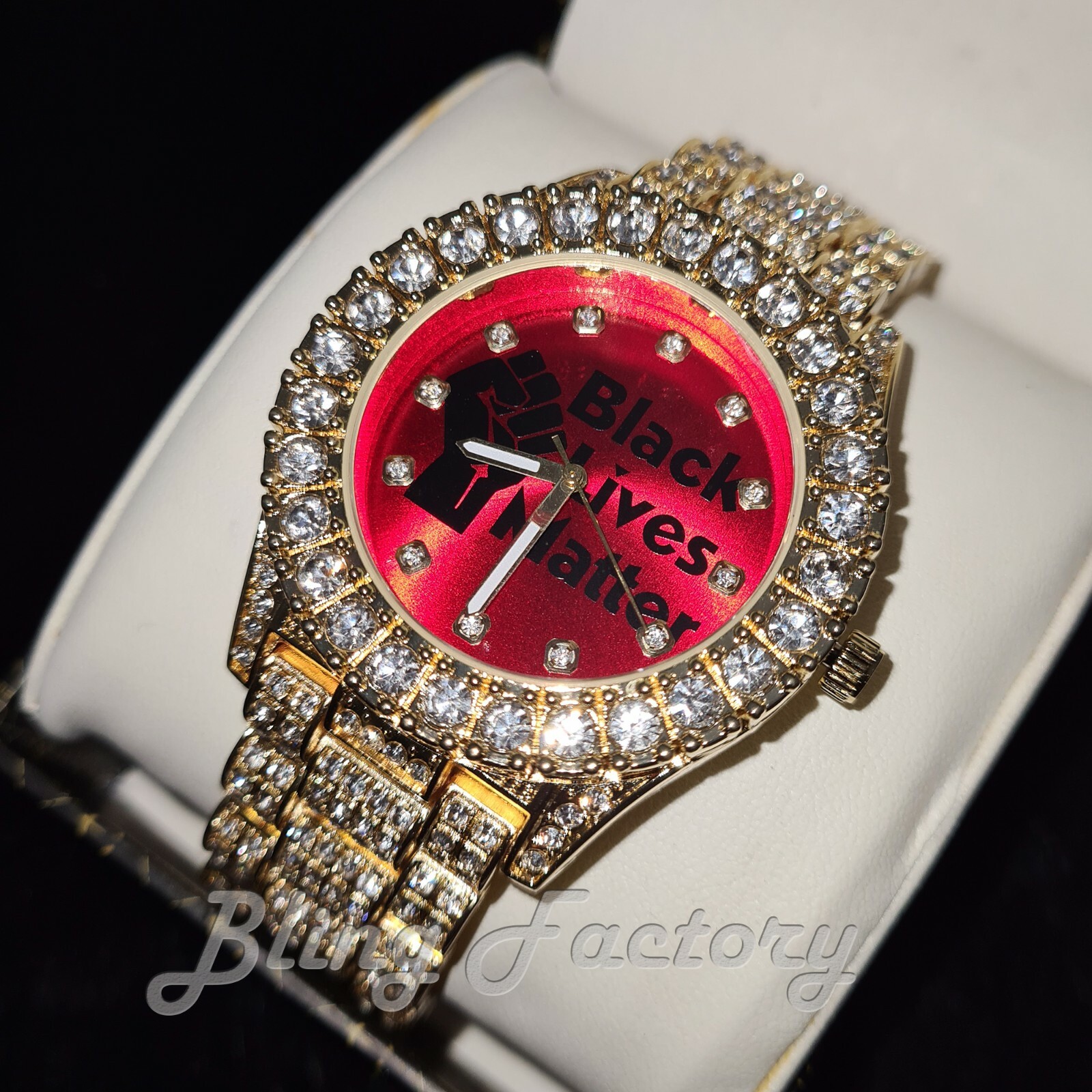 HIP HOP GOLD PT BLACK LIVES MATTER BLING WATCH & ICED CUBAN BRACELET & NECKLACE