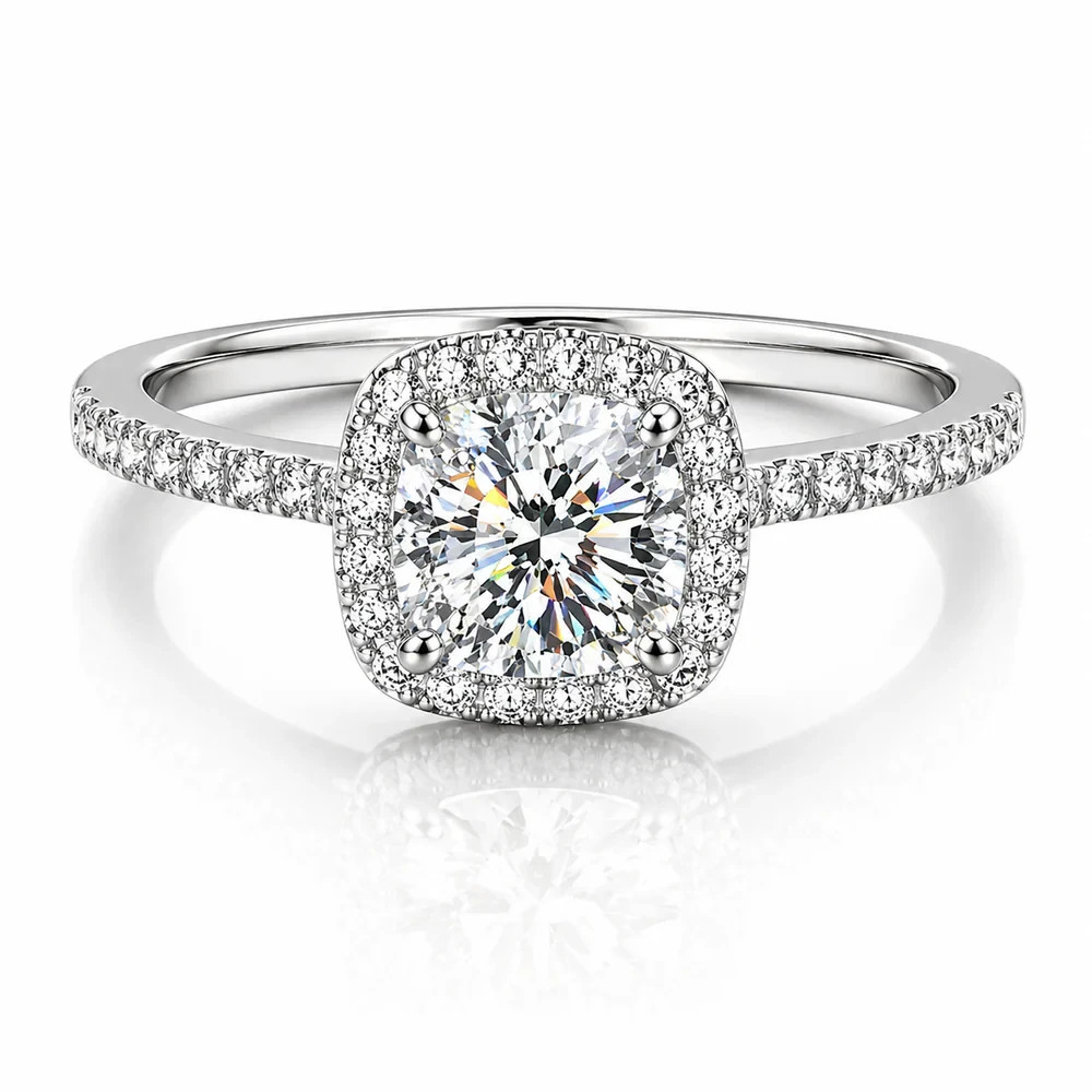 Cushion Cut Moisannite Ring, Silver White, 1.0ct Stone Size