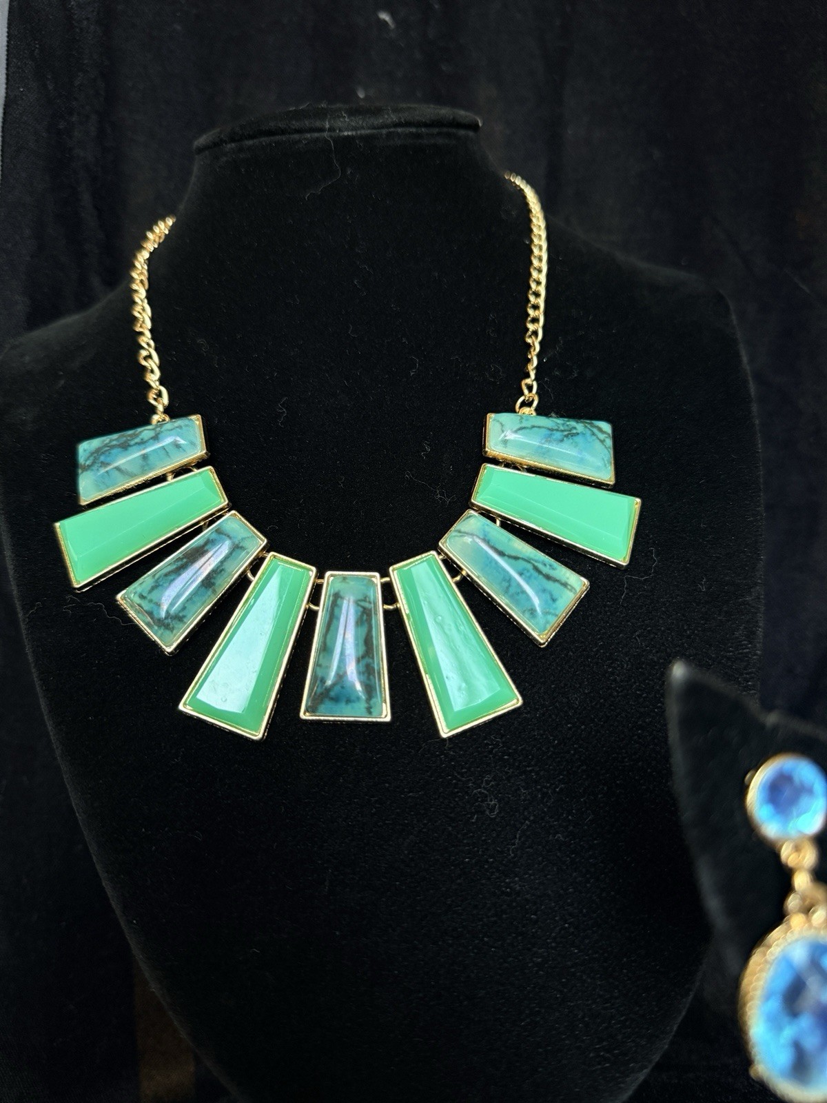 Blue Green Gold Oval Necklace & Earrings Jewelry Set Fashion