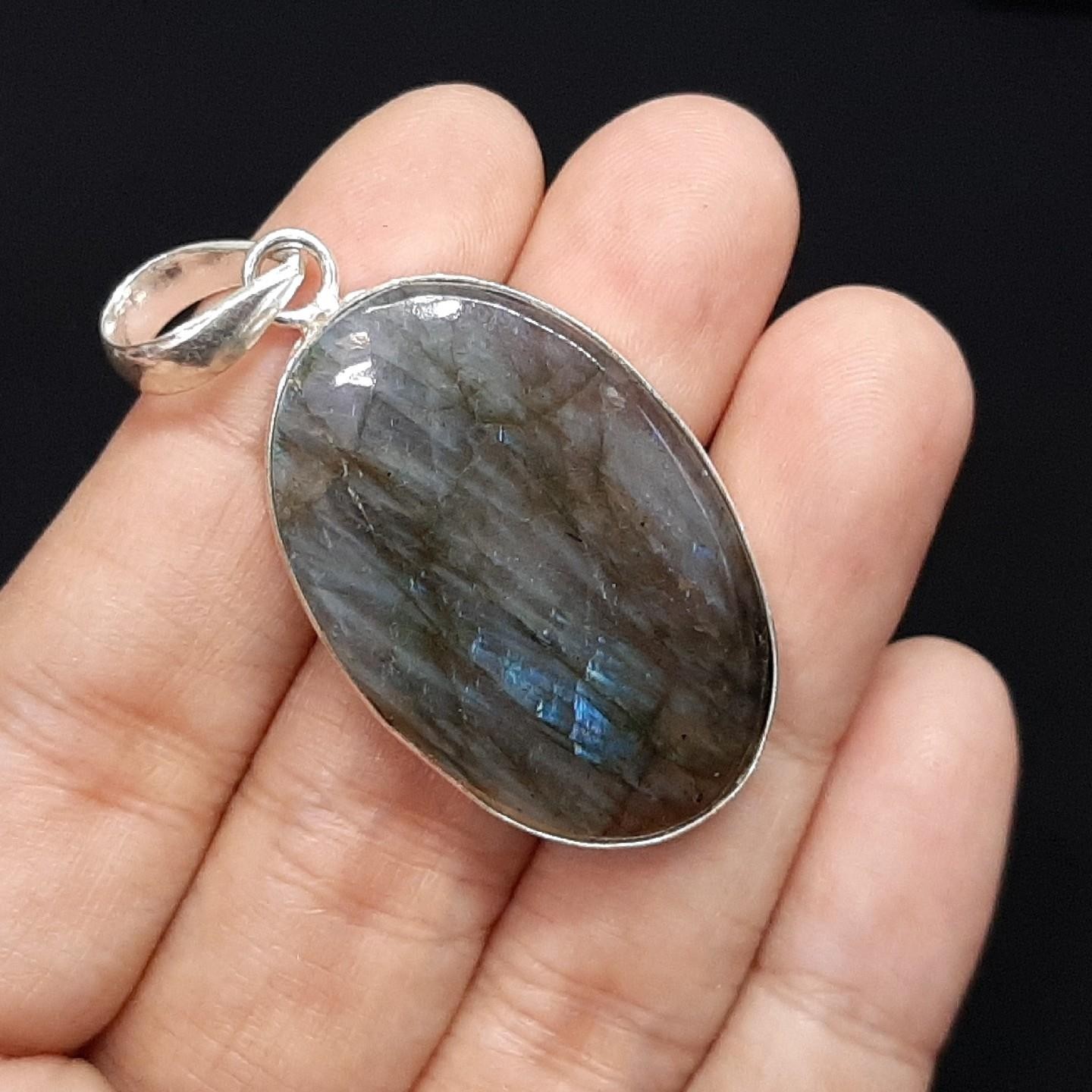 LARGE 20.60ctw Labradorite Cabochon 925 Sterling Silver Pendant 13.3g