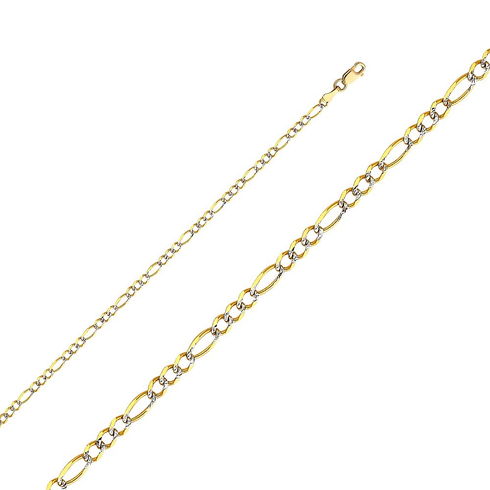 14k White Pave Gold Figaro Chain Necklace Italy Solid Two Tone Link 2.7mm Cadena