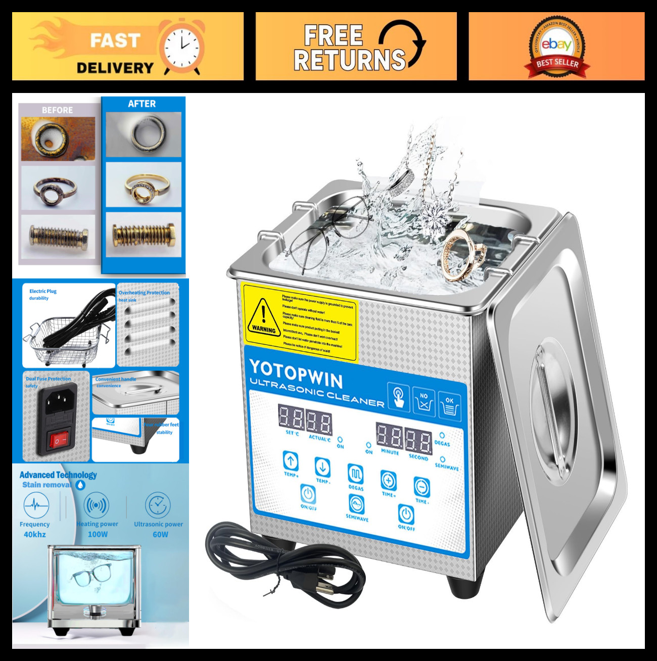 Ultrasonic Cleaner 1.3L Stainless Steel Heated Machine for Jewelry, Glasses, Den
