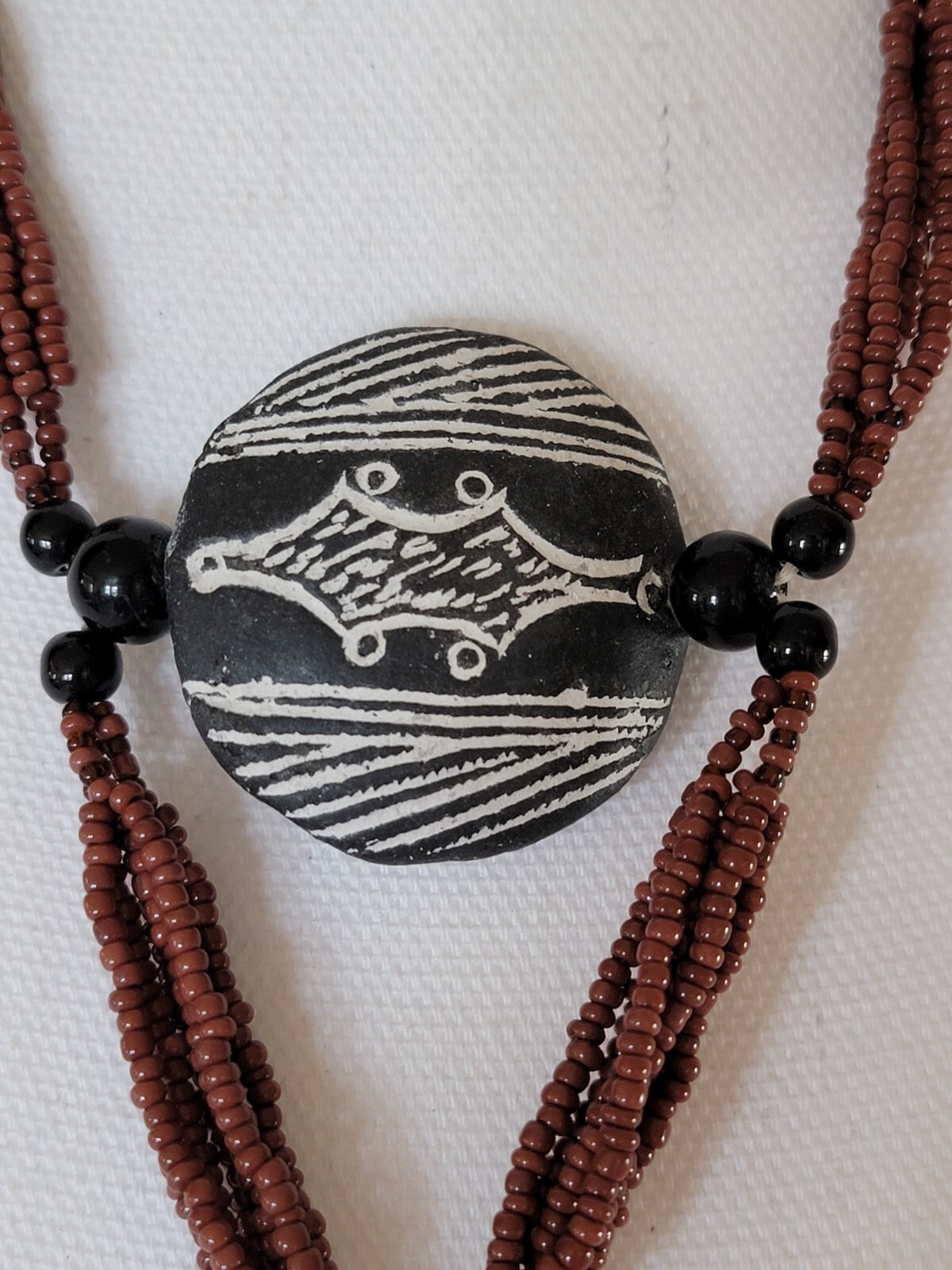 Vintage African Terracotta Pendant Necklace Beaded Handmade Brown Black & White