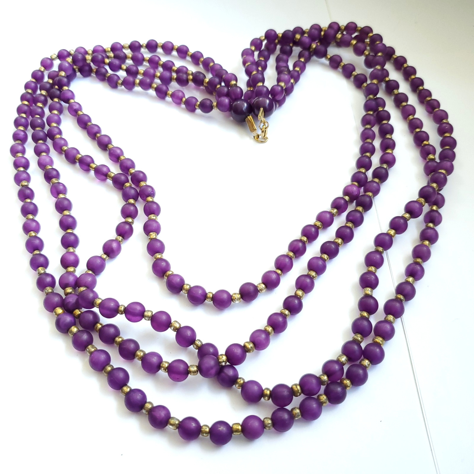 Bead Necklace Layered Multi Strand Purple Gold Tone Long Acrylic 27″