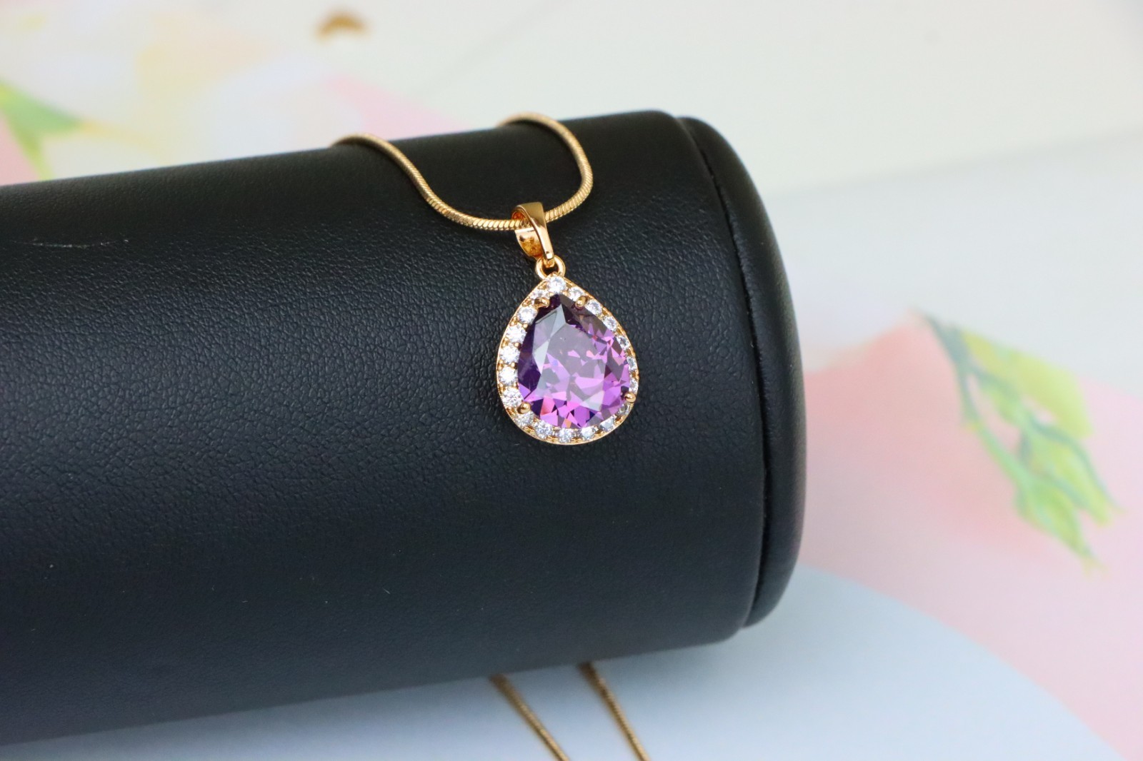 with Crystal Halo in Elegant Rose Gold Finish, XPPT1615 Teardrop Purple Pendant