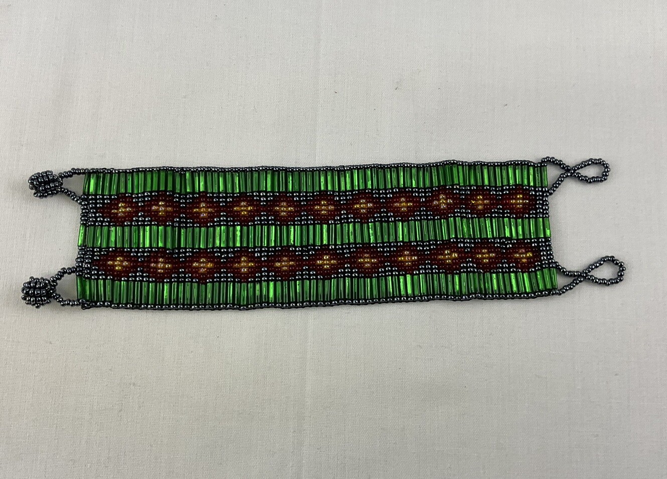 Glass Beaded Bracelet Aztec Style Black Gold Green Red L 7-1/2” x W2”