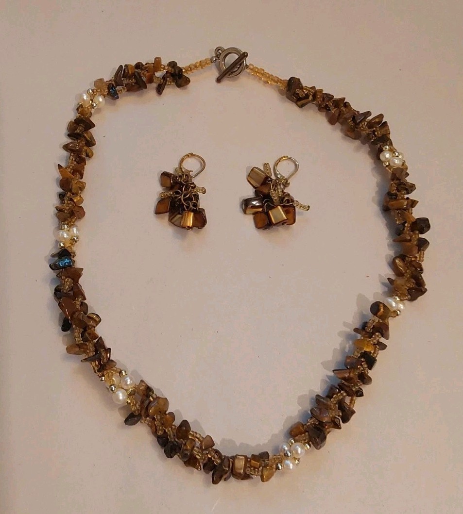 Vtge Tigers Eye Fresh Water Pearl Glass Bead 20″ Necklace & 2 X .75 Earring Set