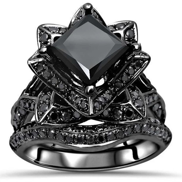 2.90 Ctw Created Black Diamond 14K Black Gold Plated Flower Wedding Bridal Ring