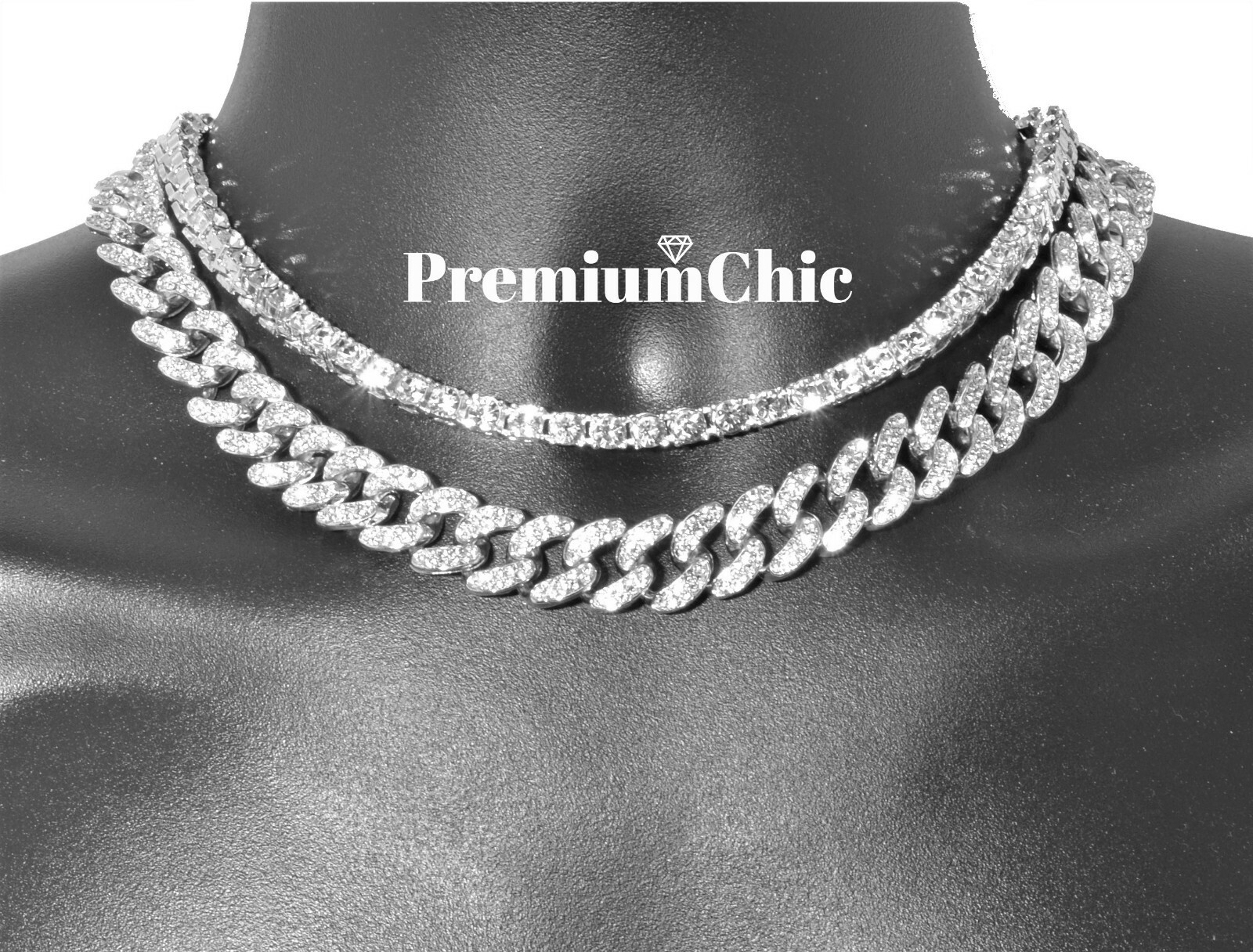 Tennis Chain + Miami Cuban Choker Hip Hop Men Gold / Sliver Plated CZ Necklace