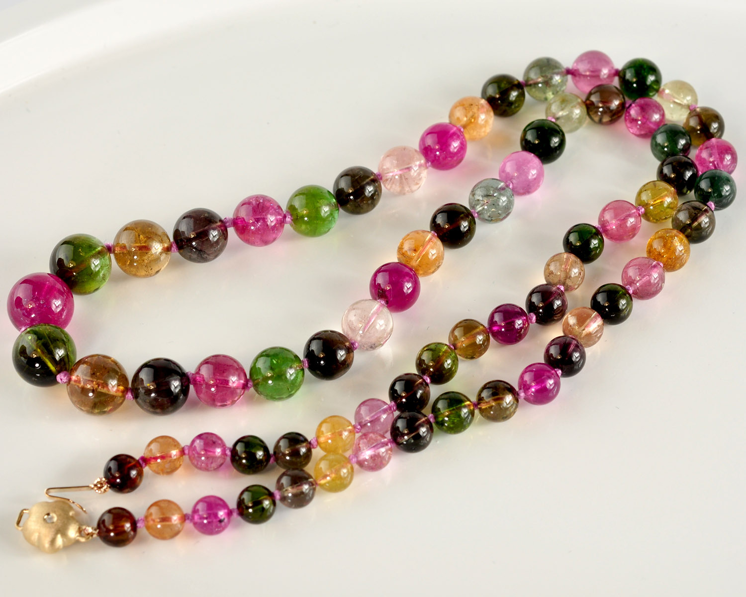 6.2mm-10.7mm Tourmaline Smooth Round Globe Bead Necklace 14K Diamond clasp